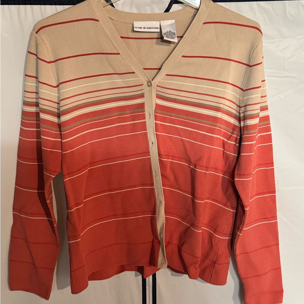 Croft & Barrow Size L Pink Tan Cream Striped Cardigan Sweater Button Up Large